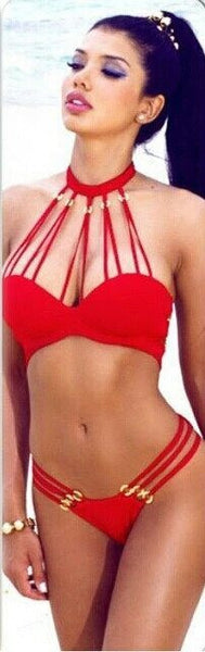 Red bondage two piece bikini set