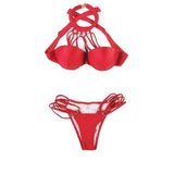 Red bondage two piece bikini set